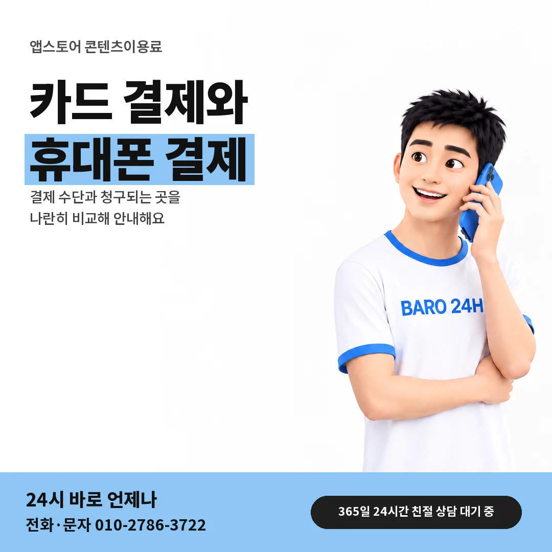 BARO 24H 티셔츠를 입은 3D 인물 옆에 「앱스토어 카드깡과 구분」 제목을 얹은 안내 카드