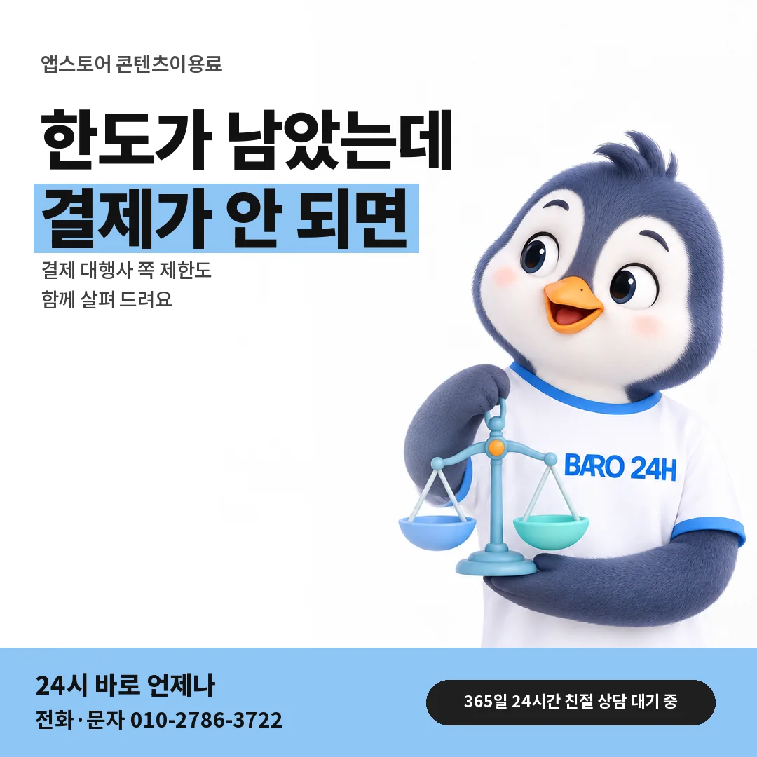 BARO 24H 티셔츠를 입은 3D 동물 캐릭터 옆에 「앱스토어 결제 대행사 제한」 제목을 얹은 안내 카드