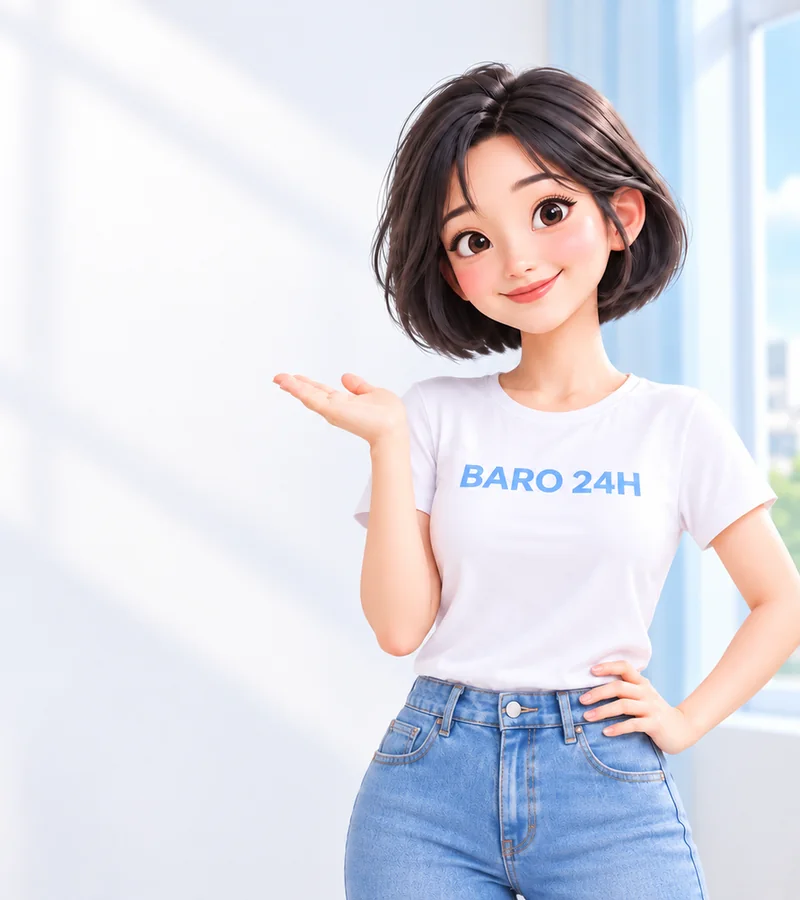 휴대폰을 들고 상담을 안내하는 BARO 24H 티셔츠 차림의 20대 3D 인물
